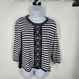 Alfred Dunner Petite PXL Navy Blue White Striped Studded Rhinestone Knit Top L